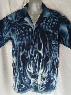 Urban Rags Clothing NYC Skull Shirt Mens Blue Short Sleeve Flame Y2K Sz Med